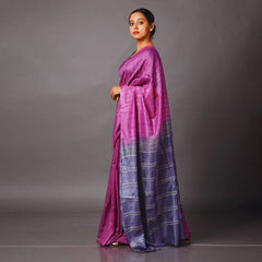 Two Dye Handloom Bhagalpuri Striped Semi Tussar Silk Saree (Madin_Magenta & Martinie_Blue) - View 3