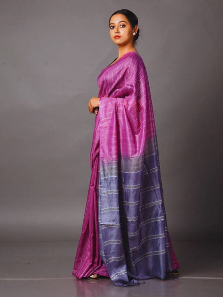 Two Dye Handloom Bhagalpuri Striped Semi Tussar Silk Saree (Madin_Magenta & Martinie_Blue) - View 3