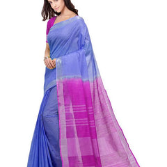 Iiris Blue & Wild Strawberry women's Bhagalpuri Handloom Pure Cotton Two Dye Saree With Running Unstitched Blouse Piece