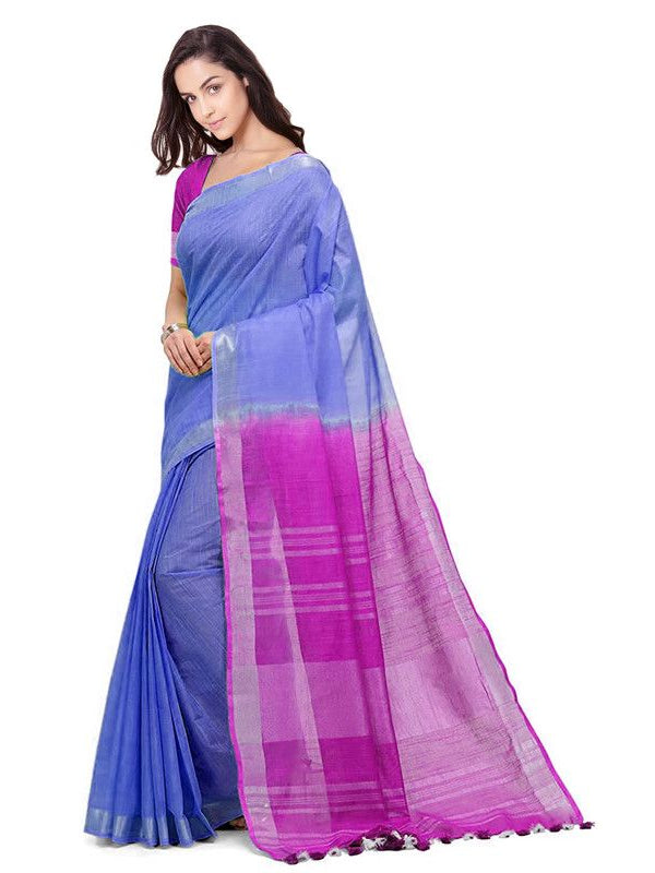 Iiris Blue & Wild Strawberry women's Bhagalpuri Handloom Pure Cotton Two Dye Saree With Running Unstitched Blouse Piece