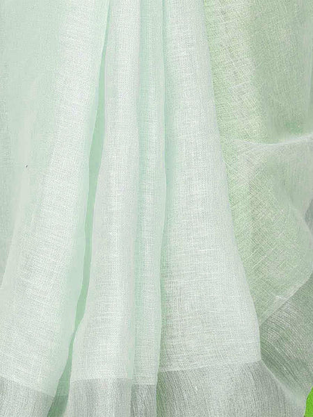 Whte-Green women's Bhagalpuri Handloom Linen Cotton Blend White Saree With Silver Zari Border And Contrast Unstitched Blouse Piece - View 4