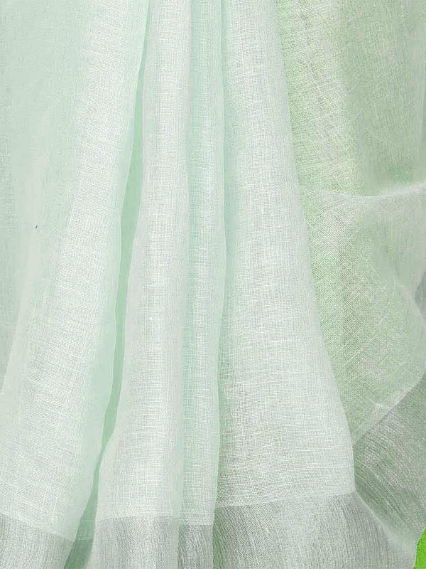 Whte-Green women's Bhagalpuri Handloom Linen Cotton Blend White Saree With Silver Zari Border And Contrast Unstitched Blouse Piece - View 4