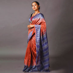 Bhagalpuri Semi Tussar Silk Striped Two Dye Saree (Rough_Orange & Martinie_Blue) - View 2