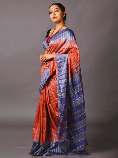 Bhagalpuri Semi Tussar Silk Striped Two Dye Saree (Rough_Orange & Martinie_Blue) - View 2