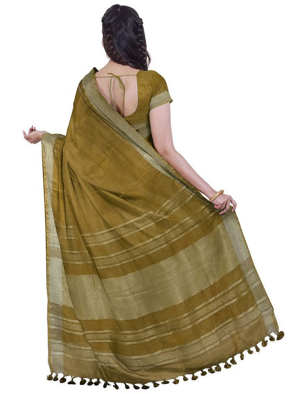 Olive Green & Raspberry Pink women's Bhagalpuri Handloom Cotton-Linen Blend Saree Combo (Pack Of 2) With Running Unstiched Blouse Piece - View 4
