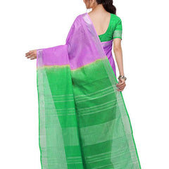 Fuchsia Pink & Honerdew Green women's Handloom Bhagalpuri Linen Blend Two Dye Saree With Running Unstitched Blouse Piece - View 5