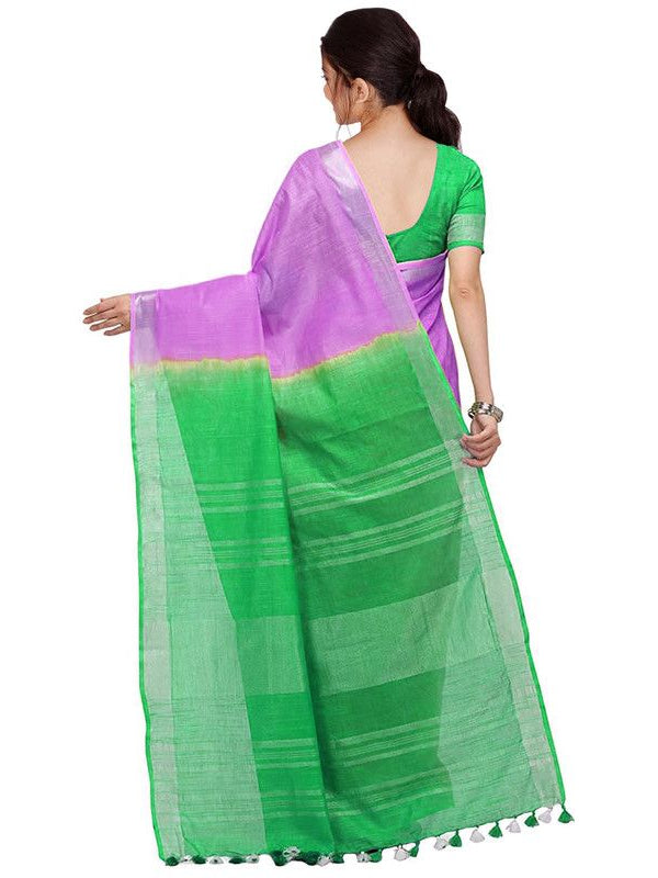 Fuchsia Pink & Honerdew Green women's Handloom Bhagalpuri Linen Blend Two Dye Saree With Running Unstitched Blouse Piece - View 5