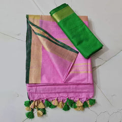 Handloom Bhagalpuri Linen Cotton Blend Contrast Border Saree for Women (12635 Hopbush_Pink-Dark_Green)