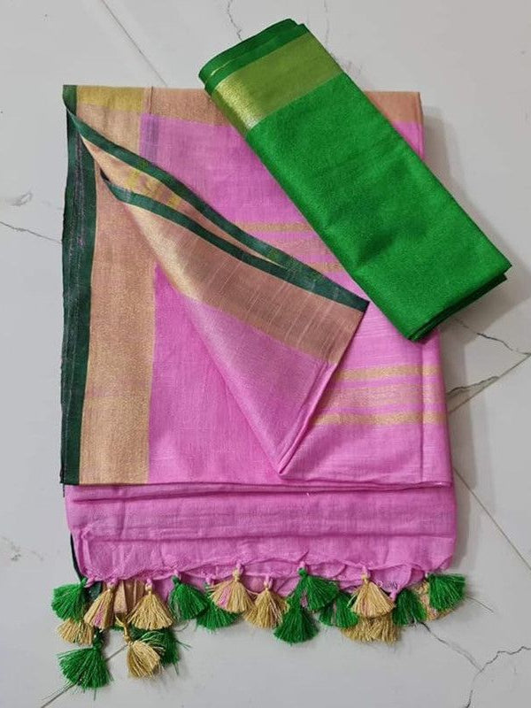 Handloom Bhagalpuri Linen Cotton Blend Contrast Border Saree for Women (12635 Hopbush_Pink-Dark_Green)