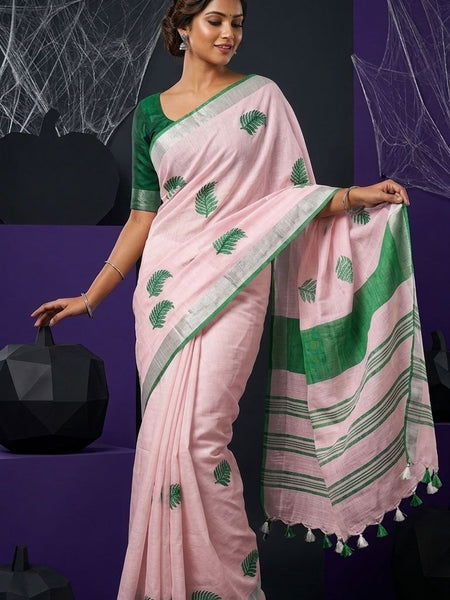 Handwoven Bhagalpuri Linen Blend Embroidered Saree With Contrast Blouse Piece(Baby Pink_Bottle Green)