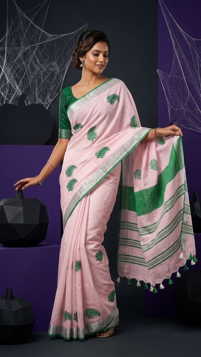 Handwoven Bhagalpuri Linen Blend Embroidered Saree With Contrast Blouse Piece(Baby Pink_Bottle Green)