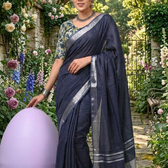 Handwoven Linen Blend Saree With Running Blouse Piece(Grey) - View 3