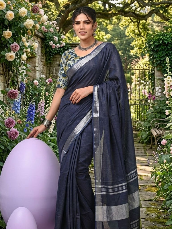 Handwoven Linen Blend Saree With Running Blouse Piece(Grey) - View 3