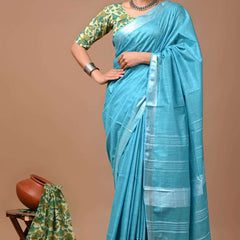 Linen Cotton Blend Handloom Bhagalpuri Saree with Zari Border (12797 Peloruese_Cyan )