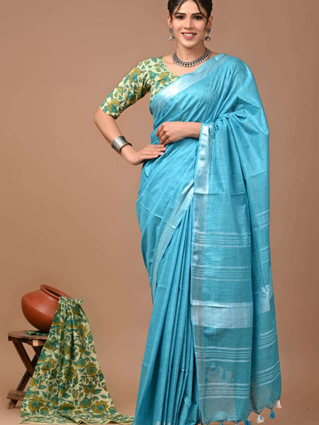 Linen Cotton Blend Handloom Bhagalpuri Saree with Zari Border (12797 Peloruese_Cyan )