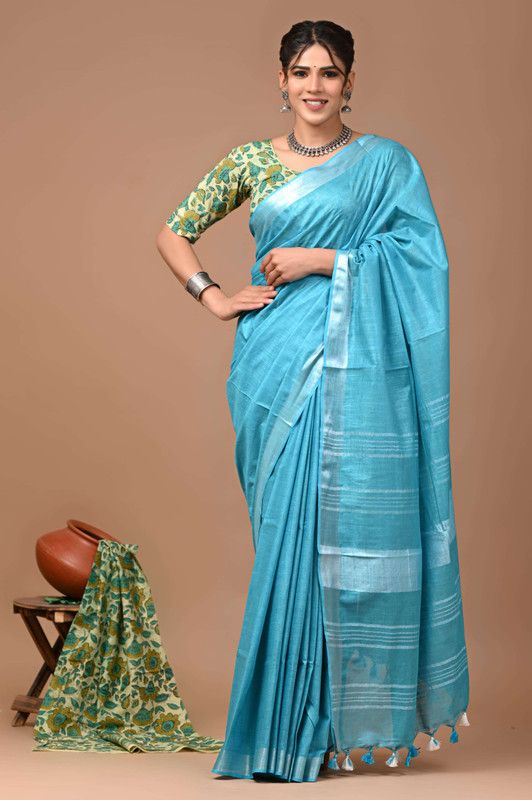 Linen Cotton Blend Handloom Bhagalpuri Saree with Zari Border (12797 Peloruese_Cyan )