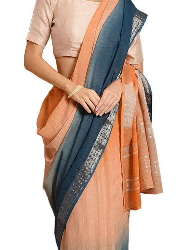 Bhagalpuri Handloom Linen Slub Blend Two Dye Saree With Running Unstitched Blouse Piece