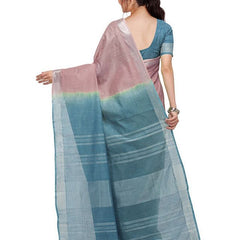 Tumbleweed Tan & Cerulean Blue women's Bhagalpuri Handloom Linen Slub Blend Two Dye Saree With Running Unstitched Blouse Piece - View 4