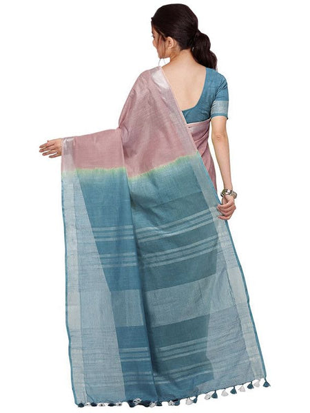 Tumbleweed Tan & Cerulean Blue women's Bhagalpuri Handloom Linen Slub Blend Two Dye Saree With Running Unstitched Blouse Piece - View 4