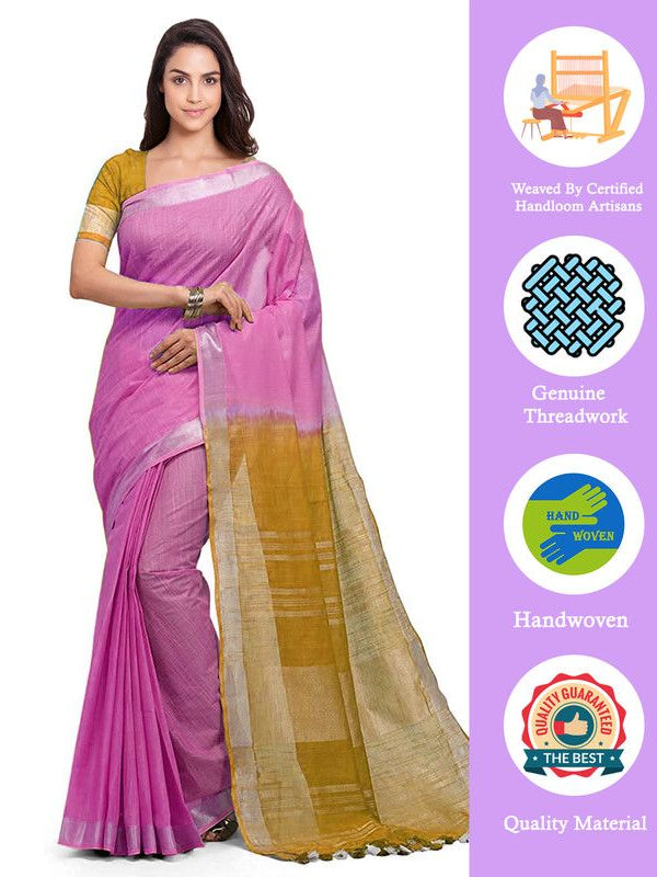 Neon Pink & Golden Brown women's Bhagalpuri Handloom Linen Cotton Blend Two Dye Saree With Running Unstitched Blouse Piece - View 3