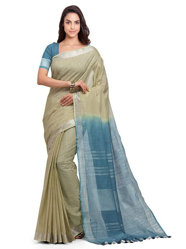 Yuma Tan & Cerulean Blue women's Handloom Bhagalpuri Linen Cotton Slub Blend Two Dye Saree With Running Unstitched Blouse Piece