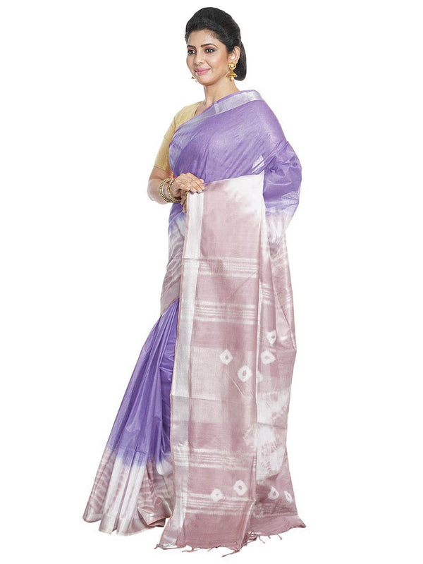 Ultra Violet & Fallow Brown women's Bhagalpuri Handloom Cotton Linen Slub Blend Tie Two Dye (Sibory Two Dye) Saree With Running Unstitched Blouse Piece - View 3