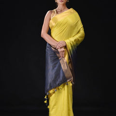 Tussar Munga Silk Handloom Zari Border Two Dye Bhagalpuri Saree (Egyptian_Blue & Canary _Yellow)