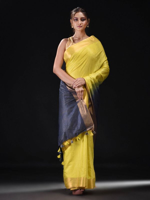 Tussar Munga Silk Handloom Zari Border Two Dye Bhagalpuri Saree (Egyptian_Blue & Canary _Yellow)