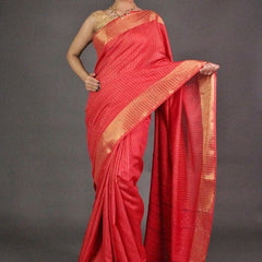 Striped Red Bhagalpuri Silk Saree with Gold Zari Border  & Sequin Pallu