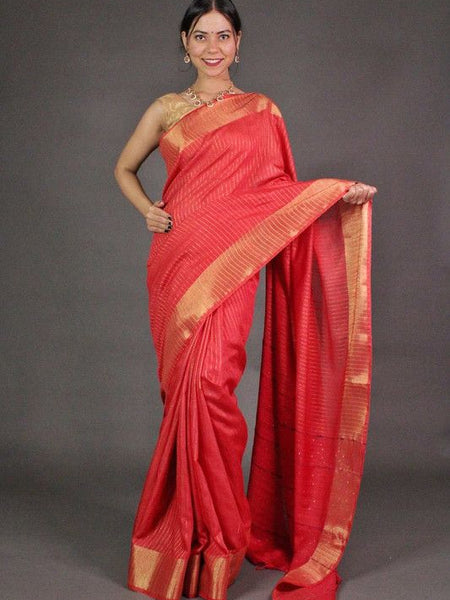 Striped Red Bhagalpuri Silk Saree with Gold Zari Border  & Sequin Pallu