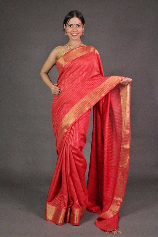 Striped Red Bhagalpuri Silk Saree with Gold Zari Border  & Sequin Pallu