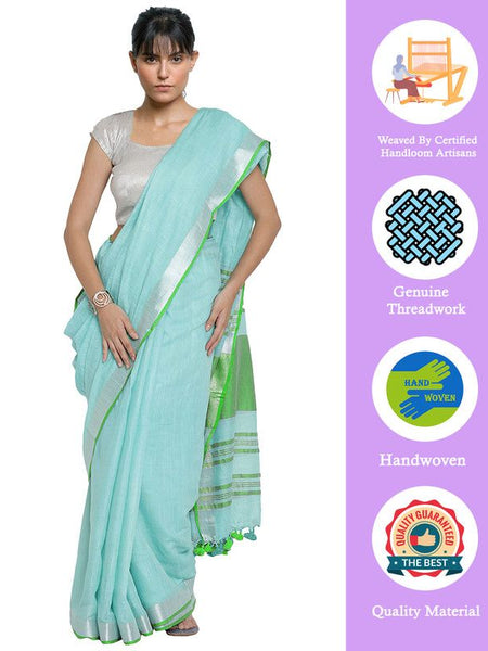 Tiffany Blue-Green women's Bhagalpuri Handloom Cotton Linen Blend Contrast Pallu Saree And Unstitched Contrast Blouse Piece - View 2