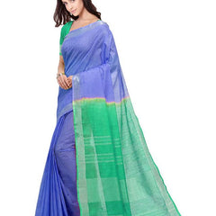 Iris Blue & Aquamarine Turquoise women's Handloom Bhagalpuri Linen Cotton Slub Blend Two Dye Saree With Running Unstitched Blouse Piece - View 4