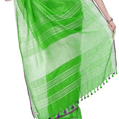 Kelly Green women's Bhagalpuri Handloom Cotton Linen Blend Saree With Contrast Unstiched Blouse Piece - View 3