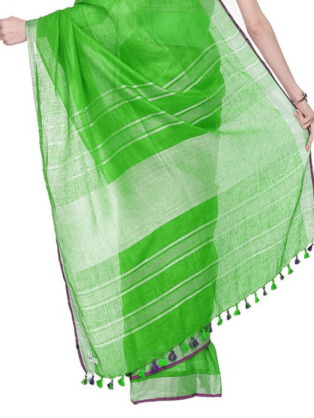 Kelly Green women's Bhagalpuri Handloom Cotton Linen Blend Saree With Contrast Unstiched Blouse Piece - View 3