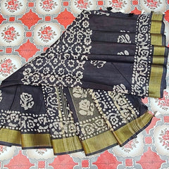 Bhagalpuri Linen Cotton Blend Handloom Batik Print Saree (GLBR_Gold-Black) - View 5