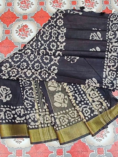 Bhagalpuri Linen Cotton Blend Handloom Batik Print Saree (GLBR_Gold-Black) - View 5