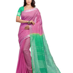 Flamingo Pink & Aquamarine Turquoise women's Bhagalpuri Handloom Linen Slub Blend Two Dye Saree With Running Unstitched Blouse Piece - View 2
