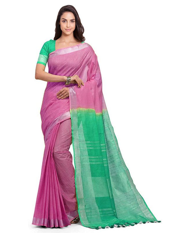 Flamingo Pink & Aquamarine Turquoise women's Bhagalpuri Handloom Linen Slub Blend Two Dye Saree With Running Unstitched Blouse Piece - View 2