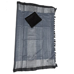 Grey Bhagalpuri Handloom women's Linen Slub Blend Saree With Black Pipin Contrast Blouse Piece - View 4