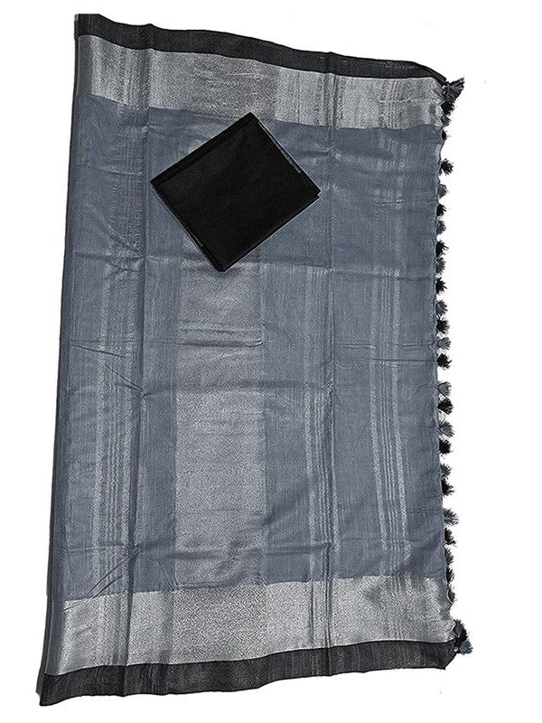 Grey Bhagalpuri Handloom women's Linen Slub Blend Saree With Black Pipin Contrast Blouse Piece - View 4