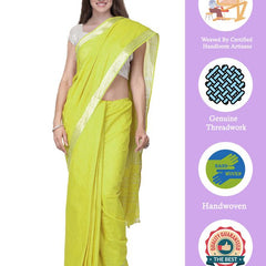 Lemon Yellow women's Handloom Bhagalpuri Cotton Linen Slub Blend Zari Border Saree Ethnic Wear With Running Unstitched Blouse Piece - View 2