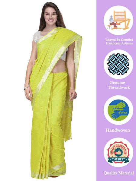 Lemon Yellow women's Handloom Bhagalpuri Cotton Linen Slub Blend Zari Border Saree Ethnic Wear With Running Unstitched Blouse Piece - View 2