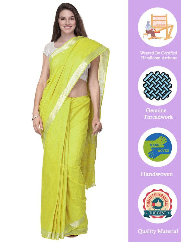 Lemon Yellow women's Handloom Bhagalpuri Cotton Linen Slub Blend Zari Border Saree Ethnic Wear With Running Unstitched Blouse Piece - View 2