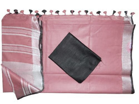 Puce Pink women's Bhagalpuri Blend Linen Saree With Black Pipin Contrast Blouse Piece - View 2