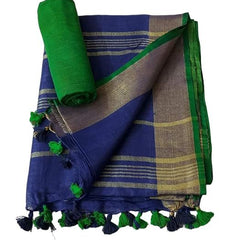 Handloom Bhagalpuri Linen Cotton Blend Contrast Border Saree for Women (12624 Gold-Duke_Blue-Green) - View 2