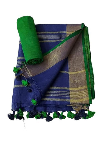 Handloom Bhagalpuri Linen Cotton Blend Contrast Border Saree for Women (12624 Gold-Duke_Blue-Green) - View 2