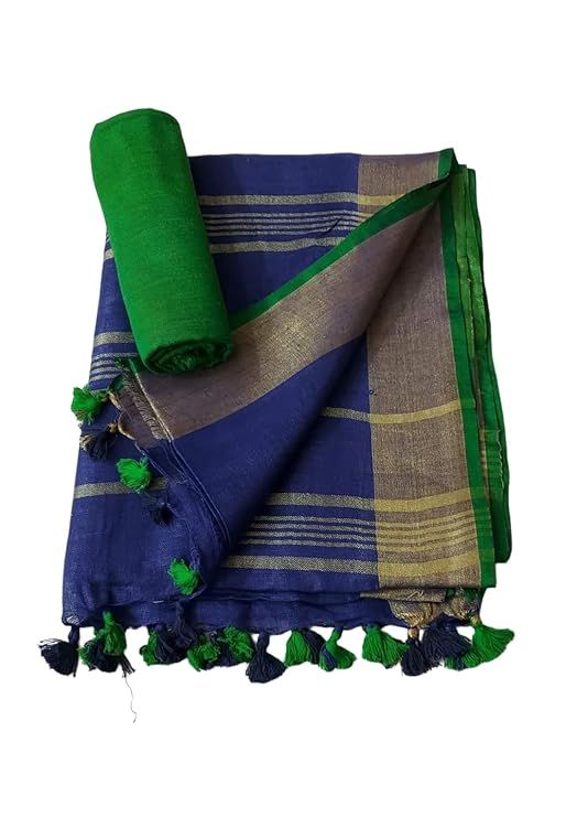 Handloom Bhagalpuri Linen Cotton Blend Contrast Border Saree for Women (12624 Gold-Duke_Blue-Green) - View 2