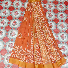 Linen Cotton Blend Handloom Batik Print Saree (GLBR_Gold-Dusty_Orange) - View 8