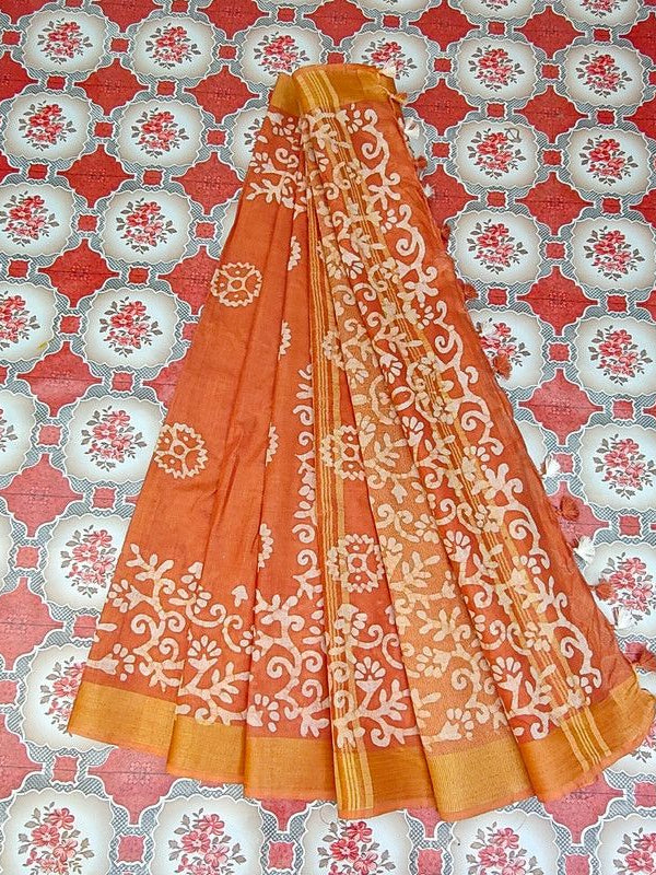 Linen Cotton Blend Handloom Batik Print Saree (GLBR_Gold-Dusty_Orange) - View 8